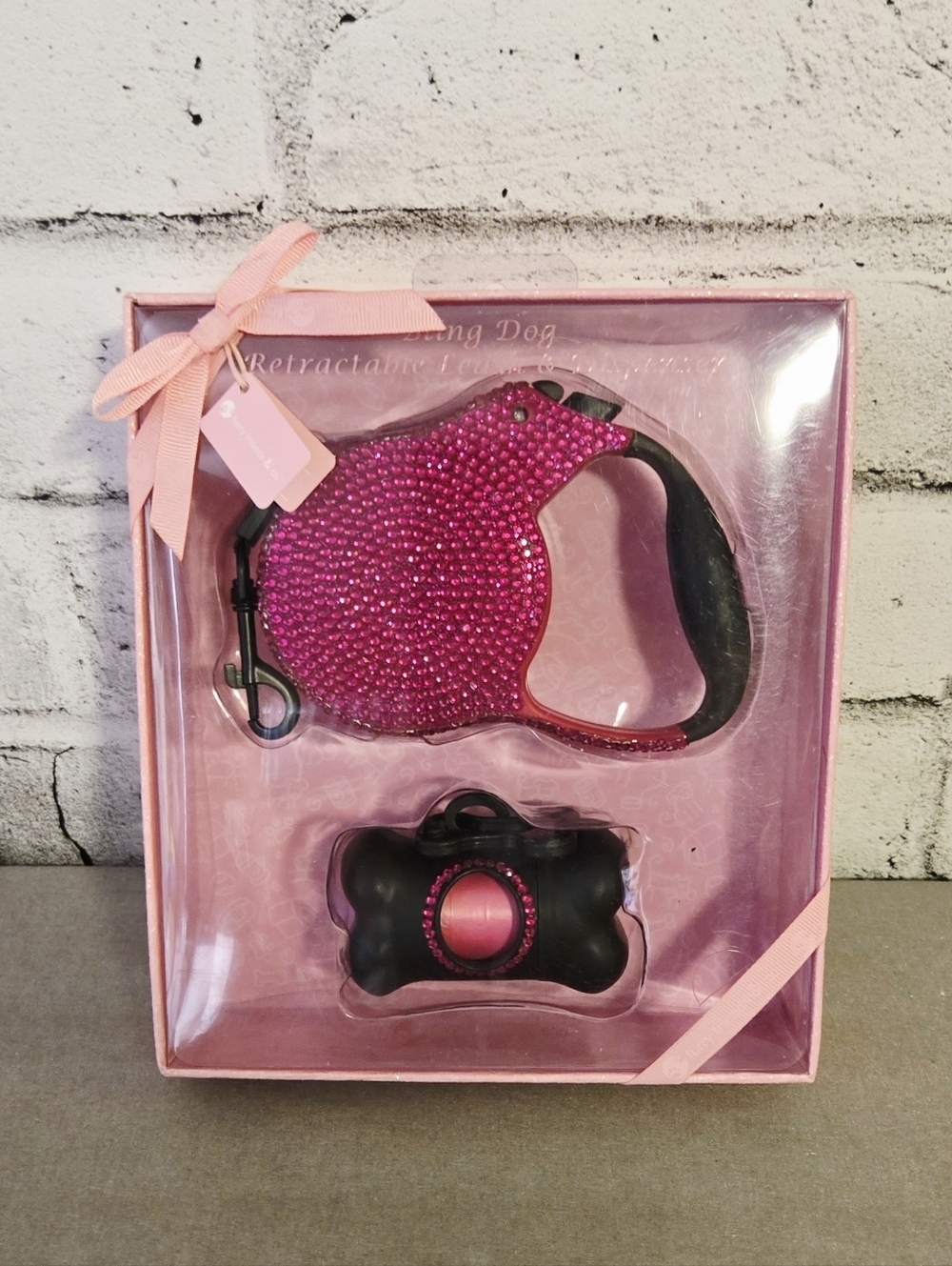 Pink Rhinestone Retractable Dog Leash & Waste Bag Dispenser Set NIB